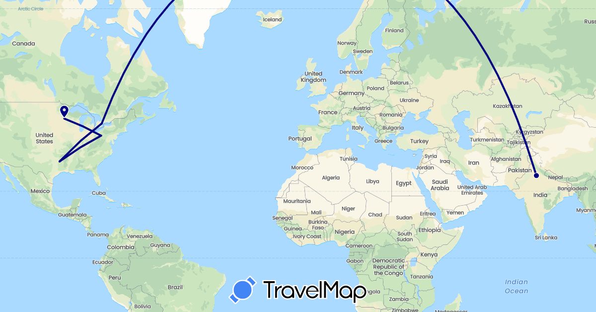 TravelMap itinerary: driving in Canada, India, United States (Asia, North America)